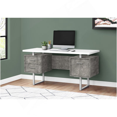 Bureau d'ordinateur, bureau personnel, ordinateur portable, installation à gauche, à droite, tiroirs de rangement, L 60 po, bureau, stratifié de béton blanc et gris, métal gris, contemporain, moderne