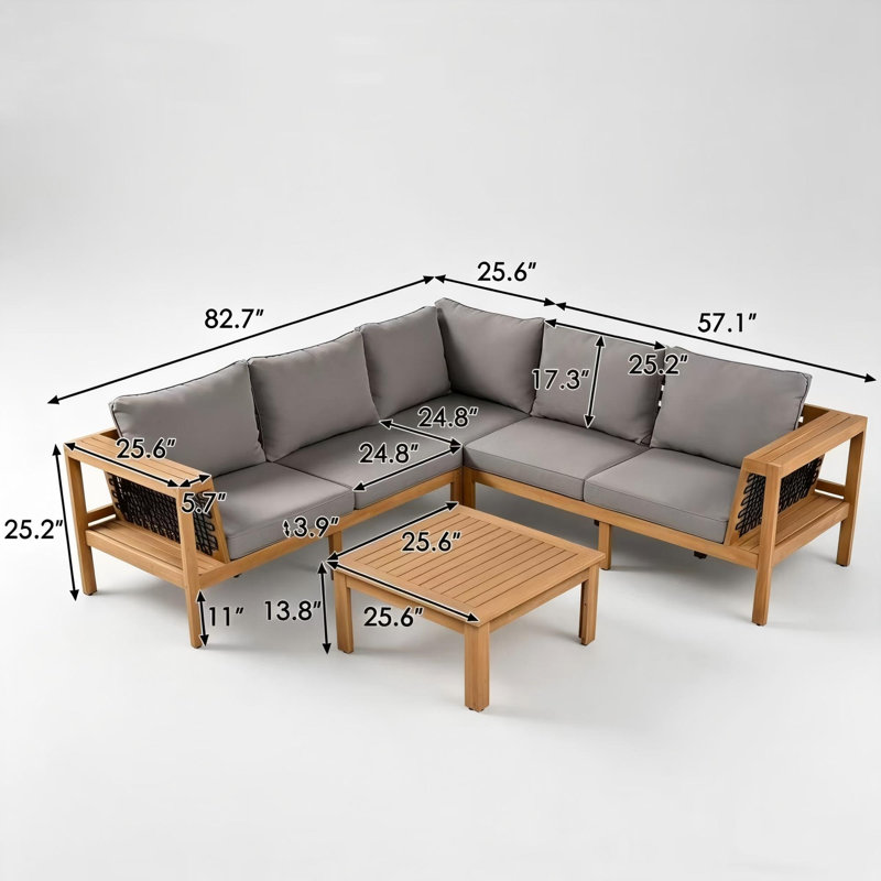 Ensemble de canapé d'extérieur en L 4 pièces en bois d'acacia avec table basse et coussins, Gris, Naturel