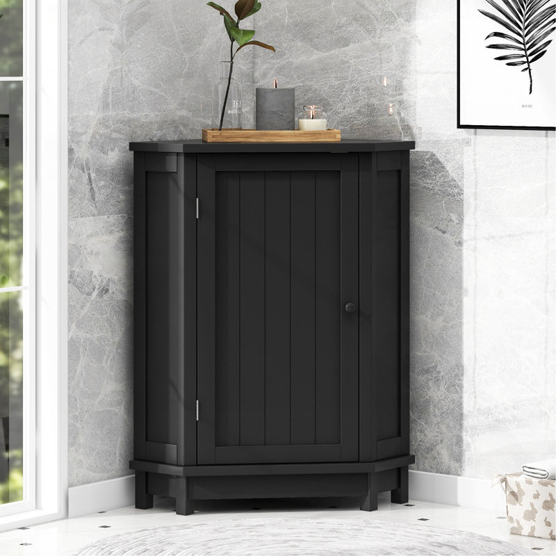 Black Bathroom Cabinet Triangle Corner Storage Cabinet With Adjustable Shelf Modern Style MDF Board