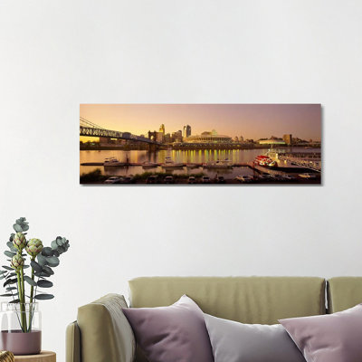 Buildings In A City Lit Up At Dusk, Cincinnati, Ohio, USA - Wrapped Canvas Panoramic Print