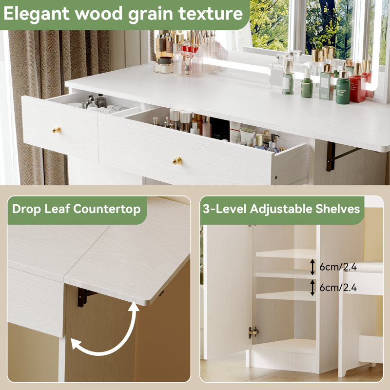 Vanity Desk With Mirror And Lights, Makeup Vanity Table Set With Charging Station & 2 Drawers And Foldable Table Extension Board, Bedroom Dressing Set With Chair, 3 Lighting Colours, White