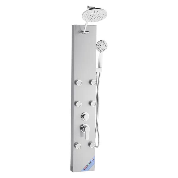 Système de tour de panneau de douche avec pomme de douche à pluie VEVOR, colonne de douche en acier inoxydable brossé 49 po, robinet à 3 fonctions, système de massage mural à haute pression avec 6 jets de corps et portatif