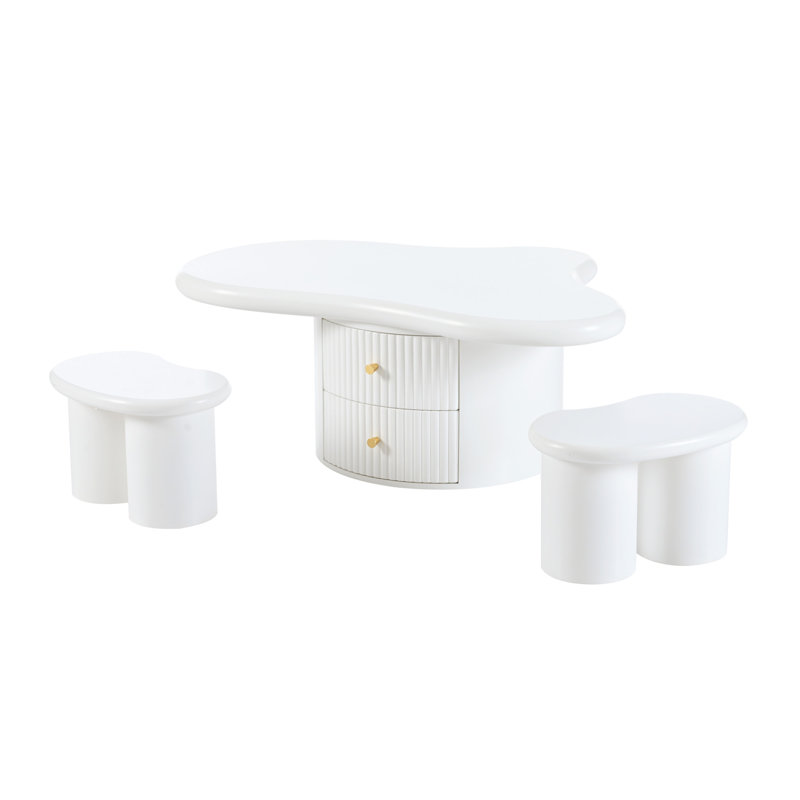Ensemble de 3 tables basses Cloud, de forme irrégulière avec 2 tiroirs et 2 petits tabourets de salon