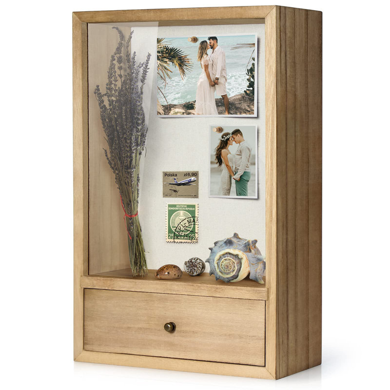 Deep Shadow Box Frame With Drawer, Shadowbox Display Case With Glass Window Picture Frame Memorabilia Bouquet Medals Military Photos Memory Box For Keepsakes