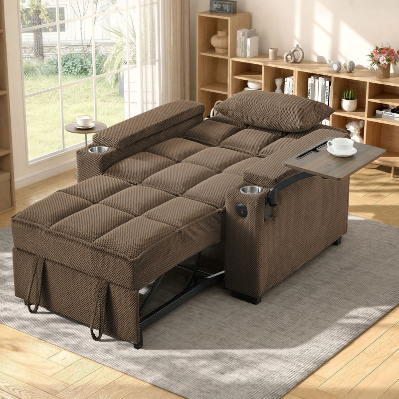 Chaise Lounge Chair Convertible Single Sleeper Chair with USB&Type-C, 2 Cup Holders, Side Table, Under-seat Storage&Storage Armrests