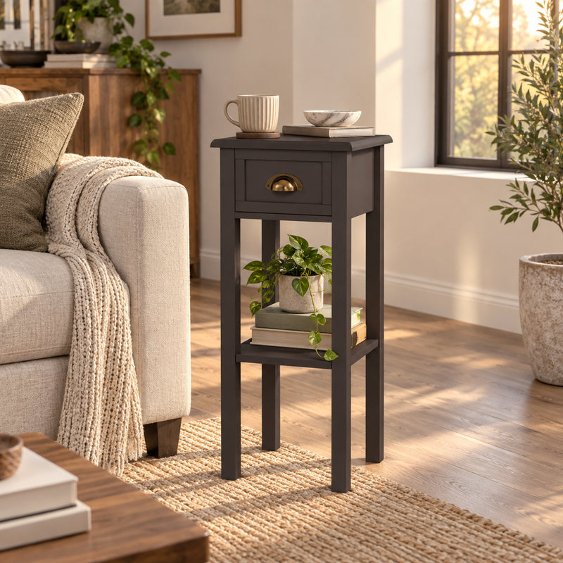 Slim Brown Accent Table 29.35" Tall, Featuring Drawer and Lower Shelf for Compact Spaces