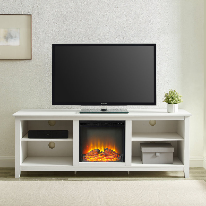 Kneeland 70" Open Storage TV Stand with Electric Fireplace, Brushed White