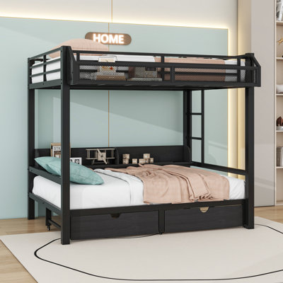 Metal Bunk Bed With Shelves, Drawers, USB Ports And LED Lights