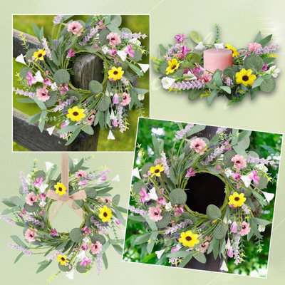 12 Pcs 3inch Spring Summer Artificial Flowered Wreath Mini Floral Wedding Candle Rings Wreaths Kitchen Cabinet Swags Wreath Pillar Candle Holder for Wedding Spring Summer Home Door Tabletop Decoration
