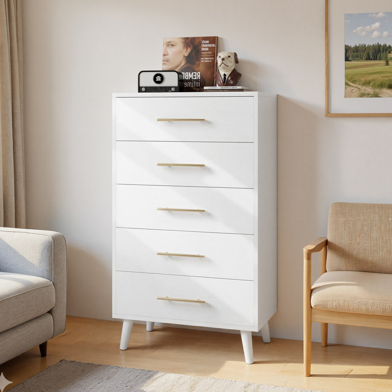 Jakyria 5-Drawer Tall Chest with Modern, Metallic Handles, Engineered Wood Construction, Anti-Tilt Design, White