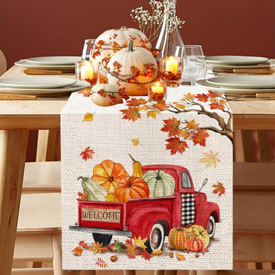Fall Table Runner Long, Hello Fall Gnomes Burlap Table Runners, Autumn Pumpkins Maple Leaves Harvest Farmhouse Buffalo Plaid Table Cloth Decor For Home Dining Room Party Decorations