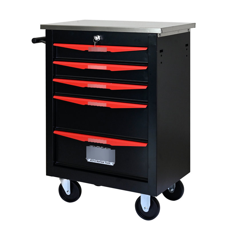 Chariot 4 outils 5 "pour atelier - Rangement verrouillable noir et rouge 4 roues universelles en métal, Noir / Rouge
