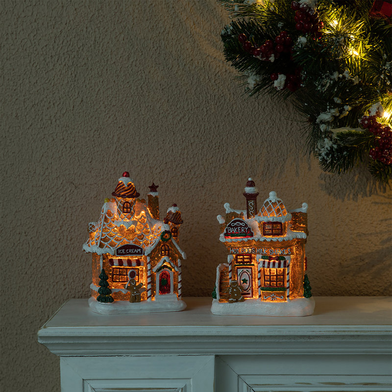 Ensemble de 2 décorations de table de Noël en pain d'épice illuminé H 7,25 po
