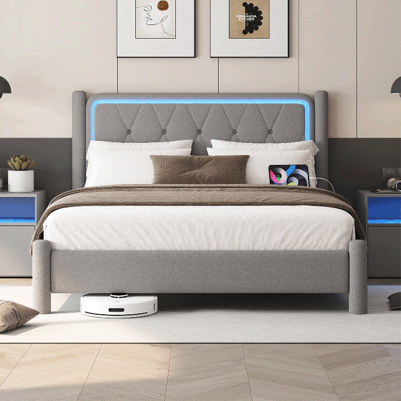   Structure de lit double avec lumières DEL et station de charge, plateforme tapissier en tissu avec tête de lit, tissu en peluche rembourré avec station de charge, aucun sommier requis, assemblage facile, gris