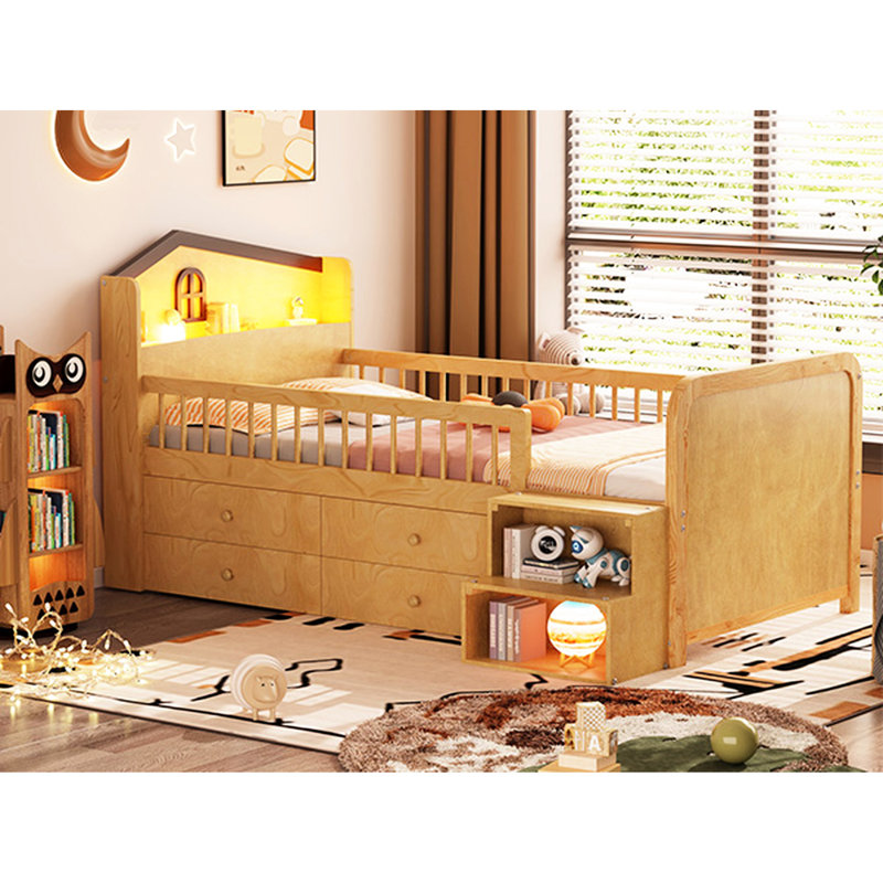 Lit mezzanine simple avec rangement à DEL et sous - pour l'éclairage des pièces, Naturel