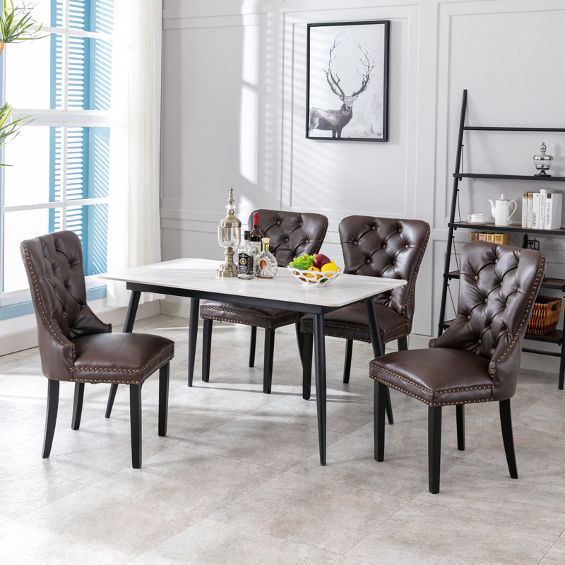 Modern Upholstered Faux Leather Dining Chairs Set Of 4 Mid Century Dining Room Chairs Tufted Ring Back Kitchen Dining Chairs Comfortable Side Chairs With Nail Head Trim