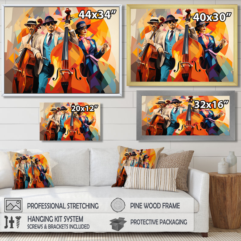 Jazz trio contrebasse et chanteur géométrique, Toile avec cadre flottant noir, H 24 po x l 32 po x P 1 po