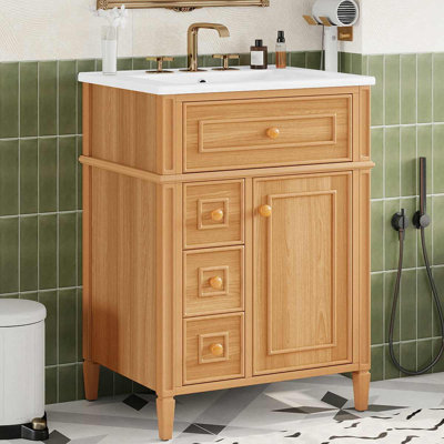 Bathroom Vanity With Ceramic Sink, Vanity Cabinet With 3 Drawers And 2 Soft-Close Doors