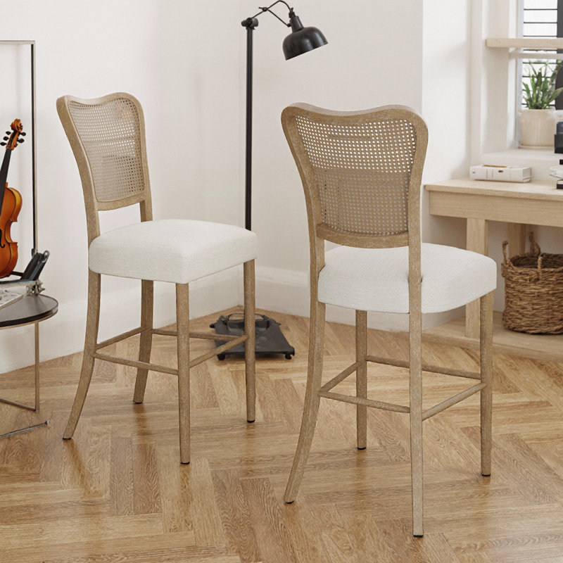 Ensemble de 2 tabourets de bar en tissu rétro brun foncé avec structure en bois d'hévéa et détails de canne