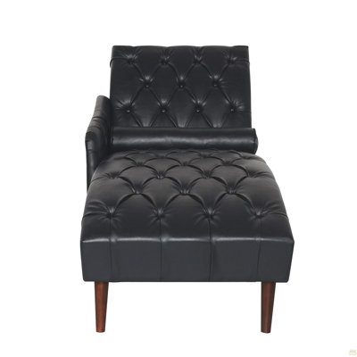 Chaise Lounge Arm Chair Indoor With Pillow And Solid Wood Legs, Leisure Accent Soft Chair With Tufted Back And Arm,Upholstered Chaise Couch Chair For Living Room, Bedroom,Black PU