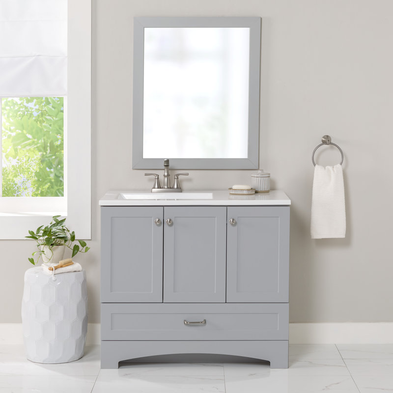 Meuble-lavabo sur pied simple en marbre de culture 36,5 po Spring Mill Emlyn, Gris perle
