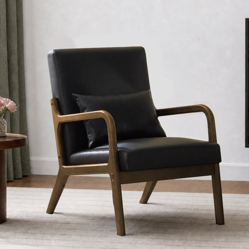  Fauteuil d'appoint rembourré de 23,5 po de style Mid-Century moderne en similicuir avec coussin, structure en bois massif