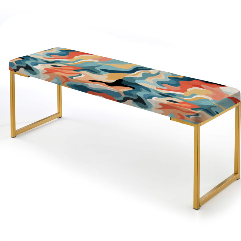 Abstract Upholstered Gold Bench, Green And Orange Nomad Camo Elegance