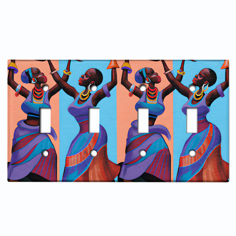 Native African Culture Women Colorful Copper Rust Patina Teal Print 4 - Gang Toggle Light Switch Standard Wall Plate