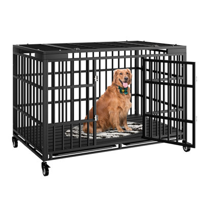 Large Heavy Duty Dog Crate With Wheels,48 Inch Indestructible Escape-Proof Dog Cage, Extra Large Xl Xxl Indestructible Dog Crate With Removable Tray..