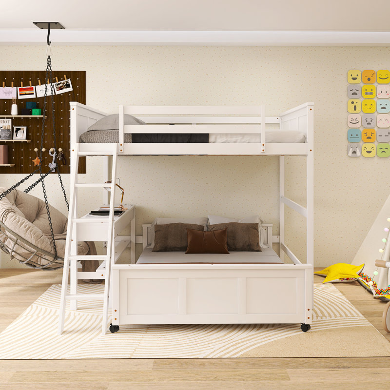 Lit superposé double au-dessus de double avec cadre en bois avec bureau, Lit superposé double sur double, White