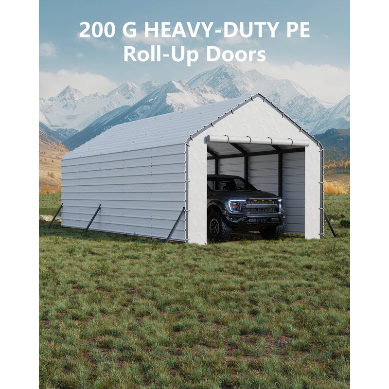 Metal Carport with Door Panels and Zippers for Outdoor, Beige, 114" H x 156" W x 5" D