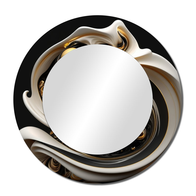 Sobaan Liquid White Stained Glass V - Abstract Spirals Large Mirror, Gold Round Decorative Wall Mirror, Printed Metal Art