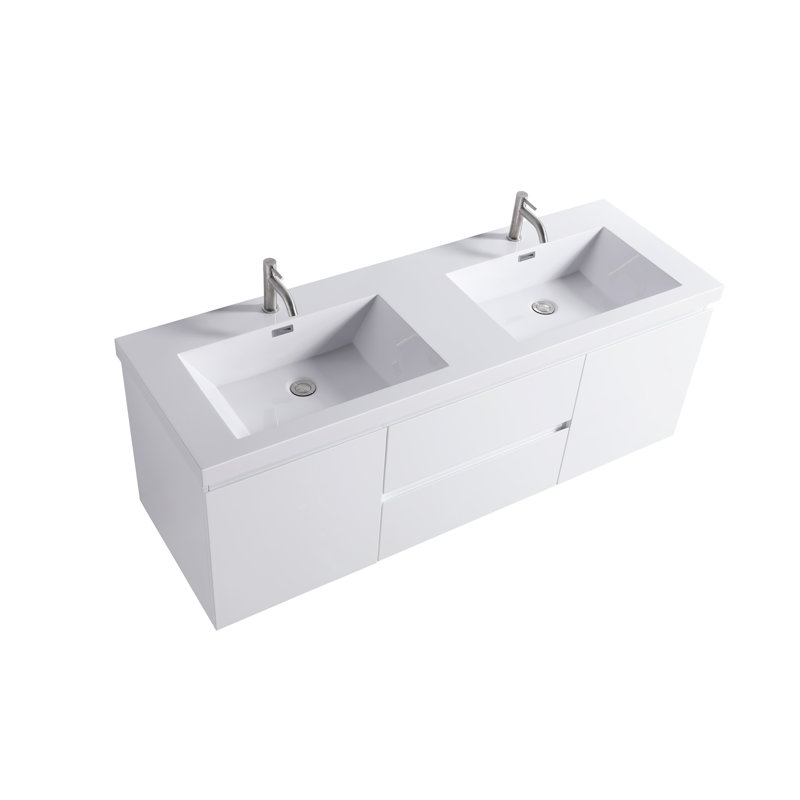 60" White Double Sink Floating Vanity with Resin Top