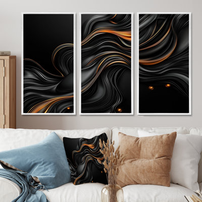 Quantum Black And Golden Leaves II - Abstract  Fractal Wall Art Set