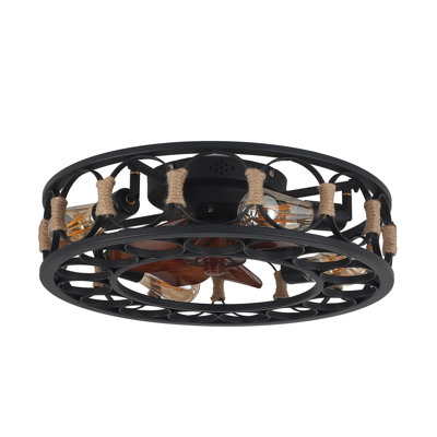 Tillmon 19.68'' Flush Mount Caged Ceiling Fan with Lights, Farmhouse Rustic Low Profile Ceiling Fans with Remote Control, 4 E26 Bulbs with 6 adjustable fan speeds (Including 5 Bulbs) (Black)