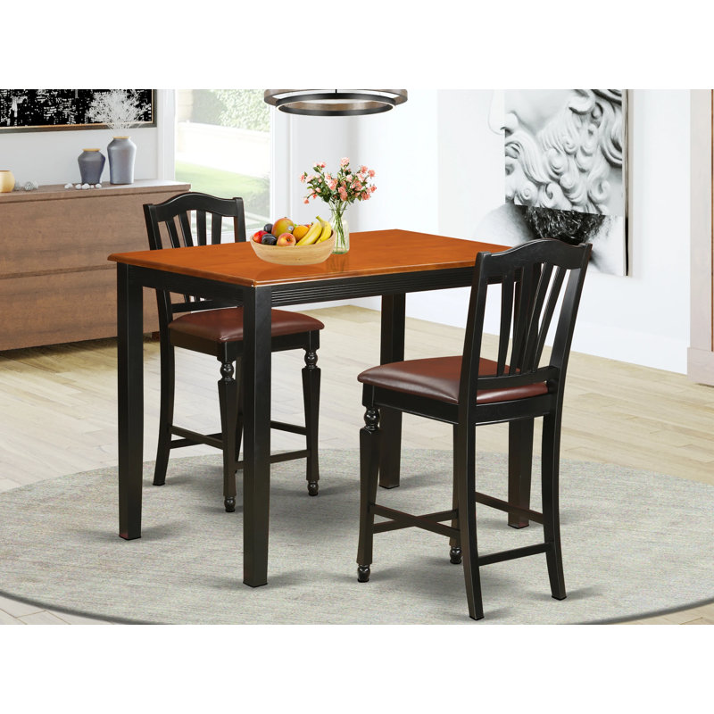 Ensemble bistro 3 pièces à hauteur de comptoir pour petits espaces comprenant une table de cuisine rectangulaire et 2 chaises de salle à manger en similicuir, noir et cerise