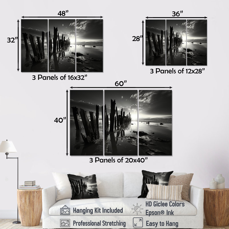 Décor de plage noir et blanc - ensemble de décoration murale plage, Toile tendue, H 32 po x l 48 po x P 1 po