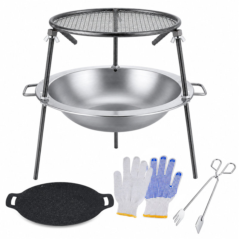 Tripod Camping BBQ Grill, Multi-Functional Outdoor BBQ Grill, Metal Outdoor Fire Pit, campfire tripod,tripod fire pit,campfire cooking tripod,11-Inch Campfire Grill Pan, 15-Inch Round Mesh Grate, 3 Detachable Legs, with Handle, Includes Charcoal Tongs an