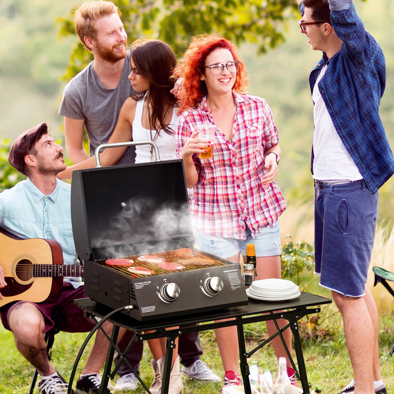 Barbecue portatif, 2 brûleurs au gaz. Pieds pliables, couvercle, thermomètre. Noir, idéal pour le camping, le pique-nique, le barbecue au propane, portable et compact. Fumée