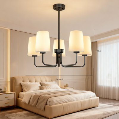 Farmhouse Chandelier With White Fabric Shades, 5-Light Adjustable Height Modern Rustic Pendant Light Fixture For Dining Room Kitchen Island Bedroom Entryway