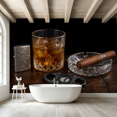 Peel and Stick Wallpaper Wall Mural Cigar top humidor glass whisky rocks antique Wall Art Self Adhesive and Removable