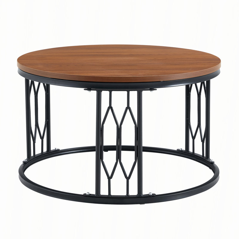 Table basse ronde en bois aggloméré 27,5 pouces avec pieds en métal, Walnut+black