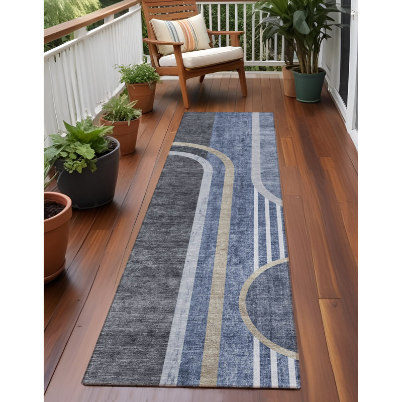 2' X 8' Blue and Black Abstract Washable Indoor Outdoor Runner Rug