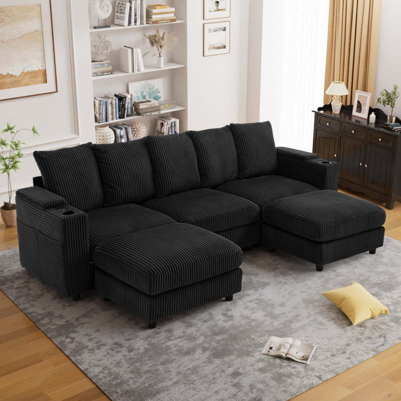 109 Inch Wide Corduroy Modular Sectional Sofa with Ottomans and Cup Holders, Black