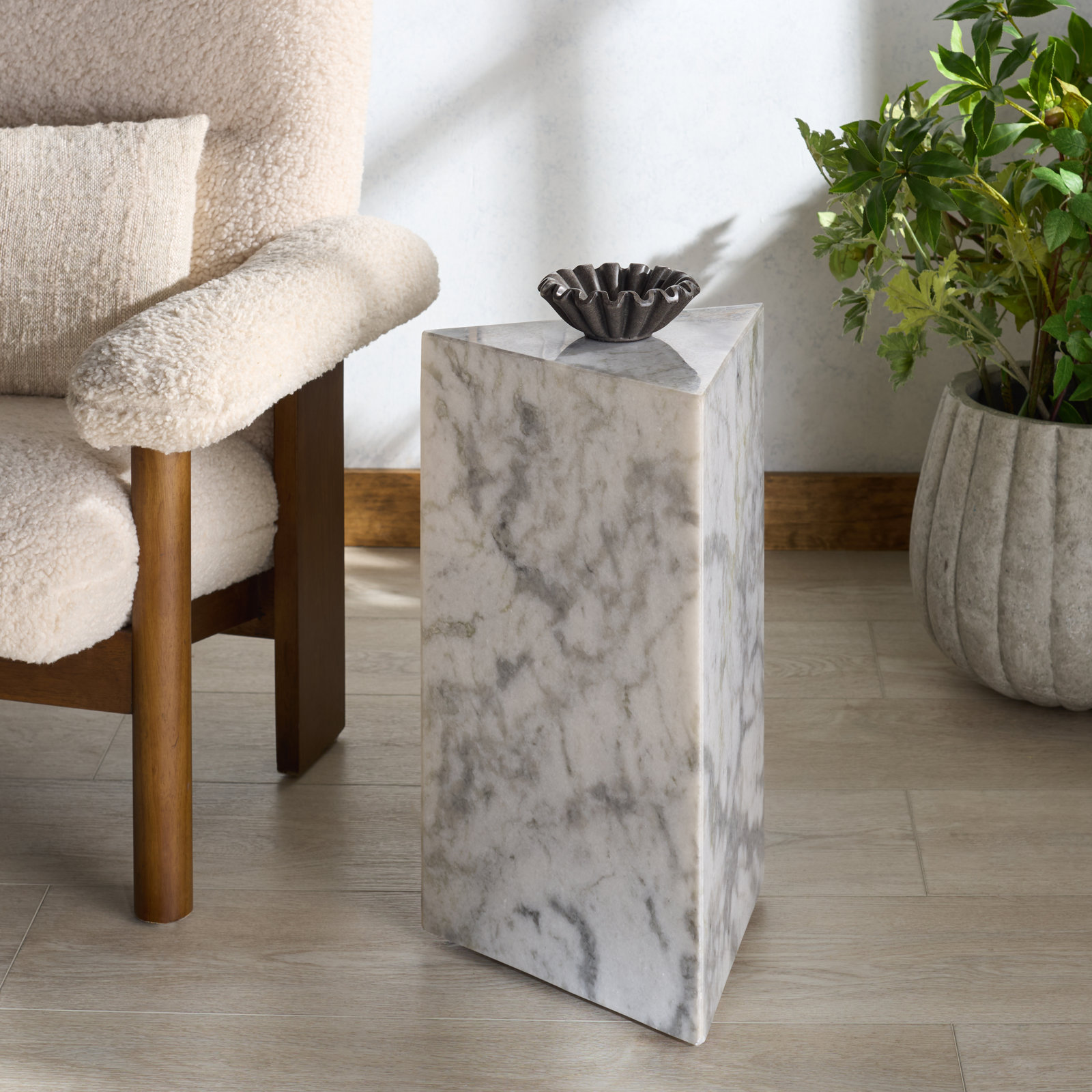 12" Genuine Marble End Table, White
