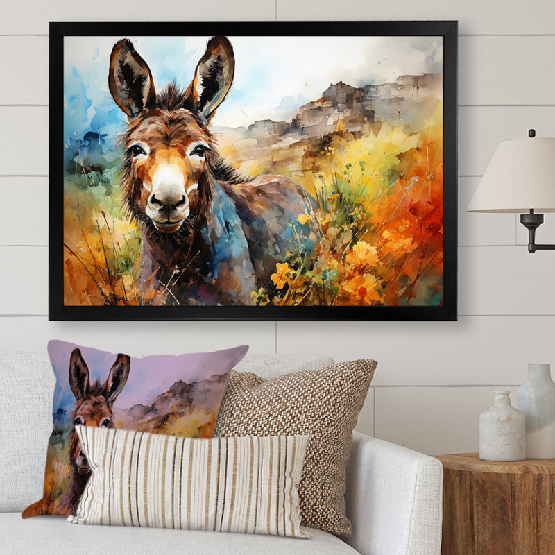 Patchwork Donkey Pastures I - Donkey, art mural, Cadre d'angle fermé noir, H 32 po x l 16 po x P 1 po