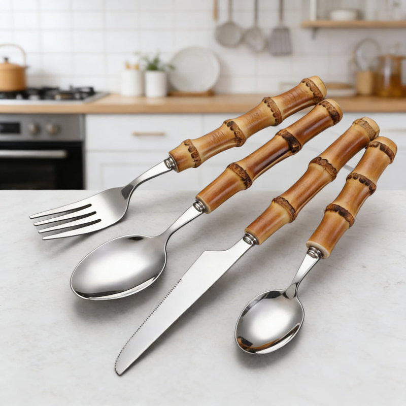 Premium Bamboo Handle Stainless Steel Flatware Set - Durable, Rust-Resistant, Dishwasher Safe Cutlery For Home, Parties, And Restaurants