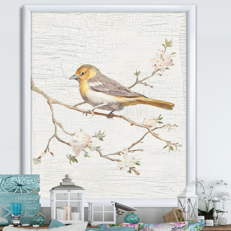 «Birds on Blossom II», reproduction d'art sur toile, H 46 po x l 36 po x P 1,5 po, Cadre blanc