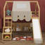 Lit mezzanine en bois avec cadre en forme de maison et auvent de style tente-511053758-511053753