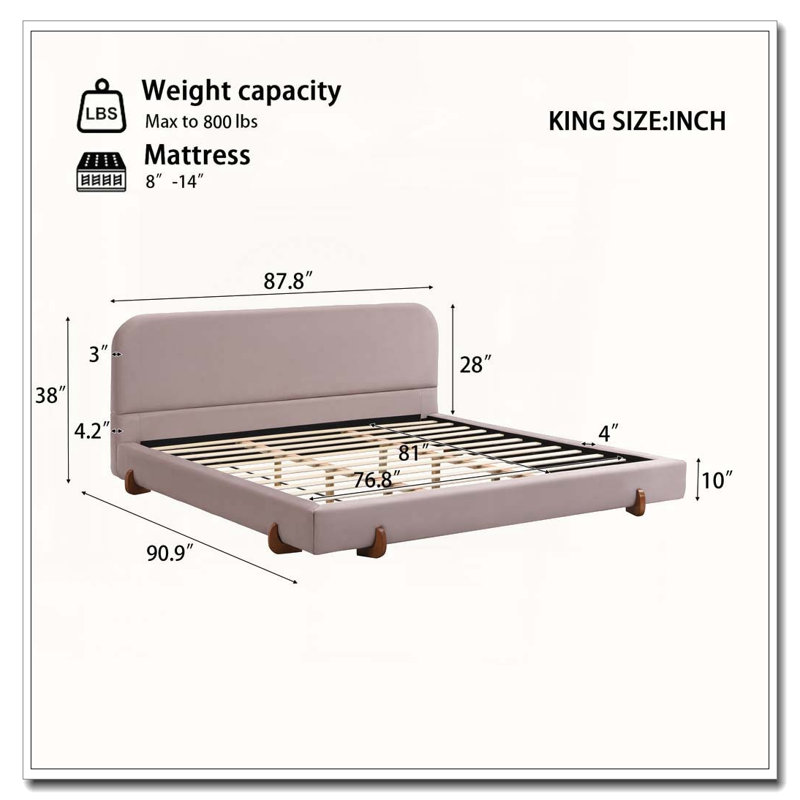 Solid Wood Legs Upholstered Bed Frame, Pink Velvet, King